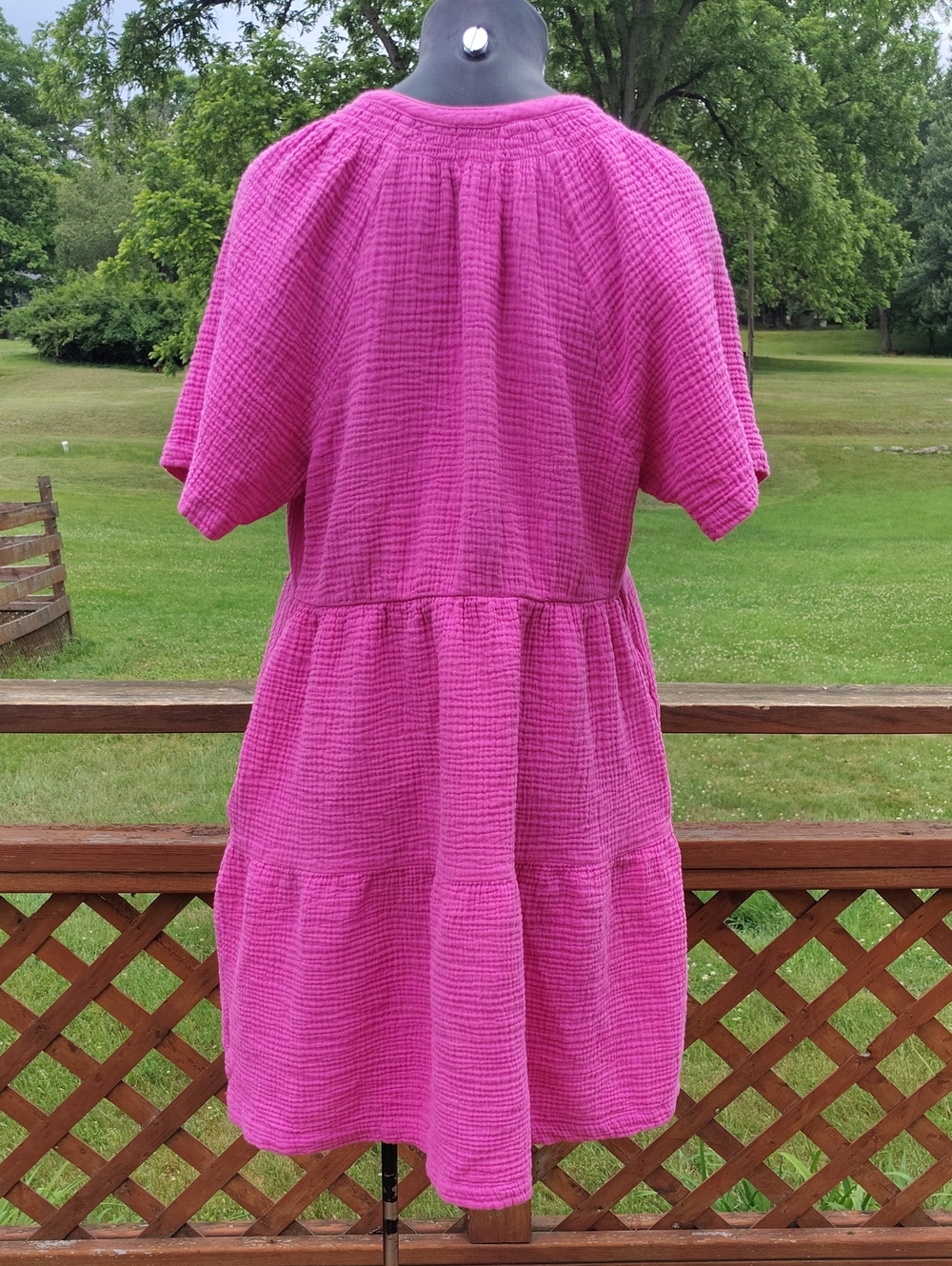 GAP Hot Pink 100% Cotton Short Sleeve V Neck Muslin Cottagecore Dress Size Large - Picture 5 of 10